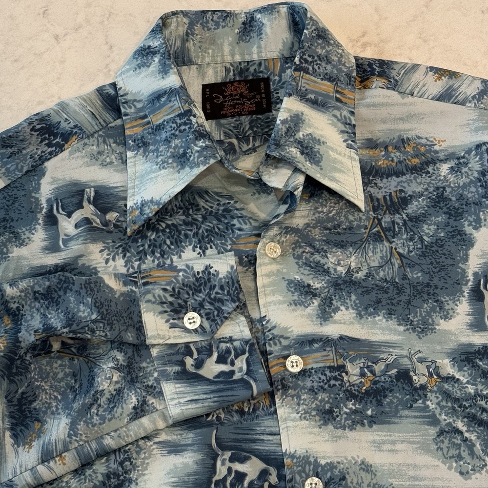 VTG 70s David Harrison Button Up Shirt Hunting Dogs Print Pointy Collar Large